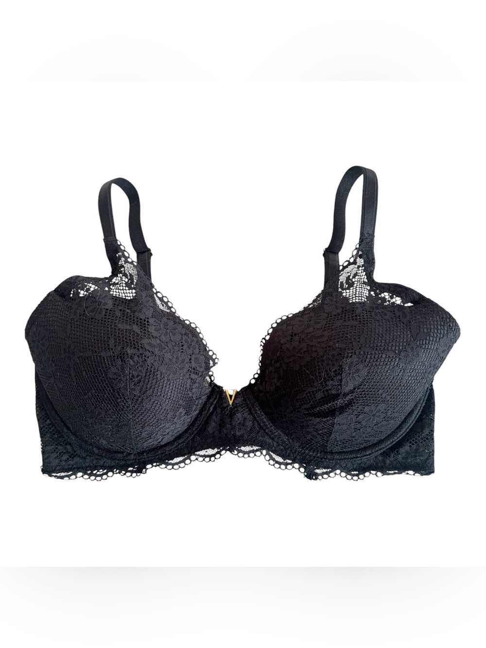 Victoria's Secret Black Lace Underwire Plunge Bra Gold V Size 36DD